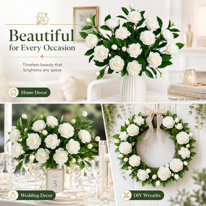 6 Pcs Artificial Gardenia Flowers 4 Heads Fake Gardenia Branches with Stems | Realistic White Faux Gardenia Flowers for Wedding, Centerpiece Decoration,Party, Home & Office Decoration