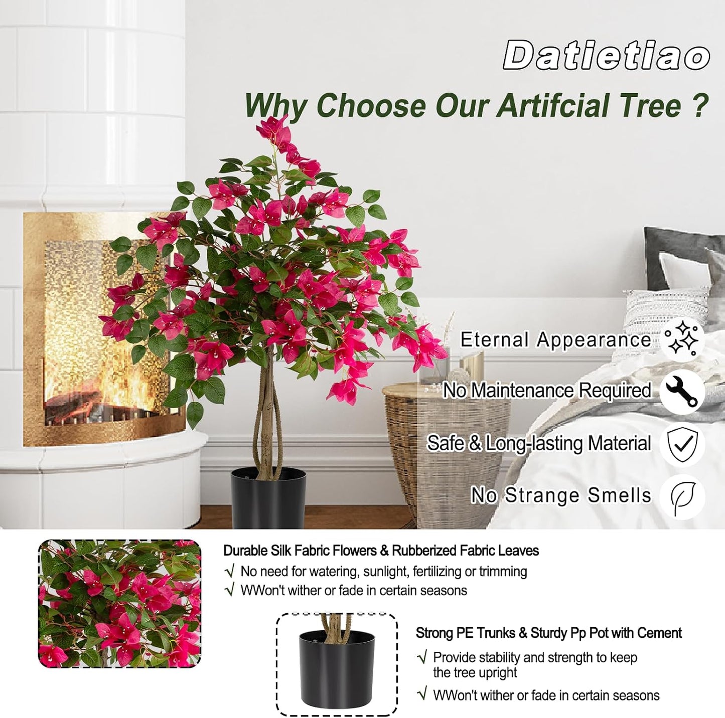 3FT Artificial Bougainvillea Tree with Lush Pink Flowers, Faux Potted Fake Plant, UV Resistant Artificial Tree for Indoor Outdoor Home Decor, Living Room, Office, Patio, Porch