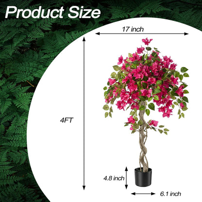 3FT Artificial Bougainvillea Tree with Lush Pink Flowers, Faux Potted Fake Plant, UV Resistant Artificial Tree for Indoor Outdoor Home Decor, Living Room, Office, Patio, Porch