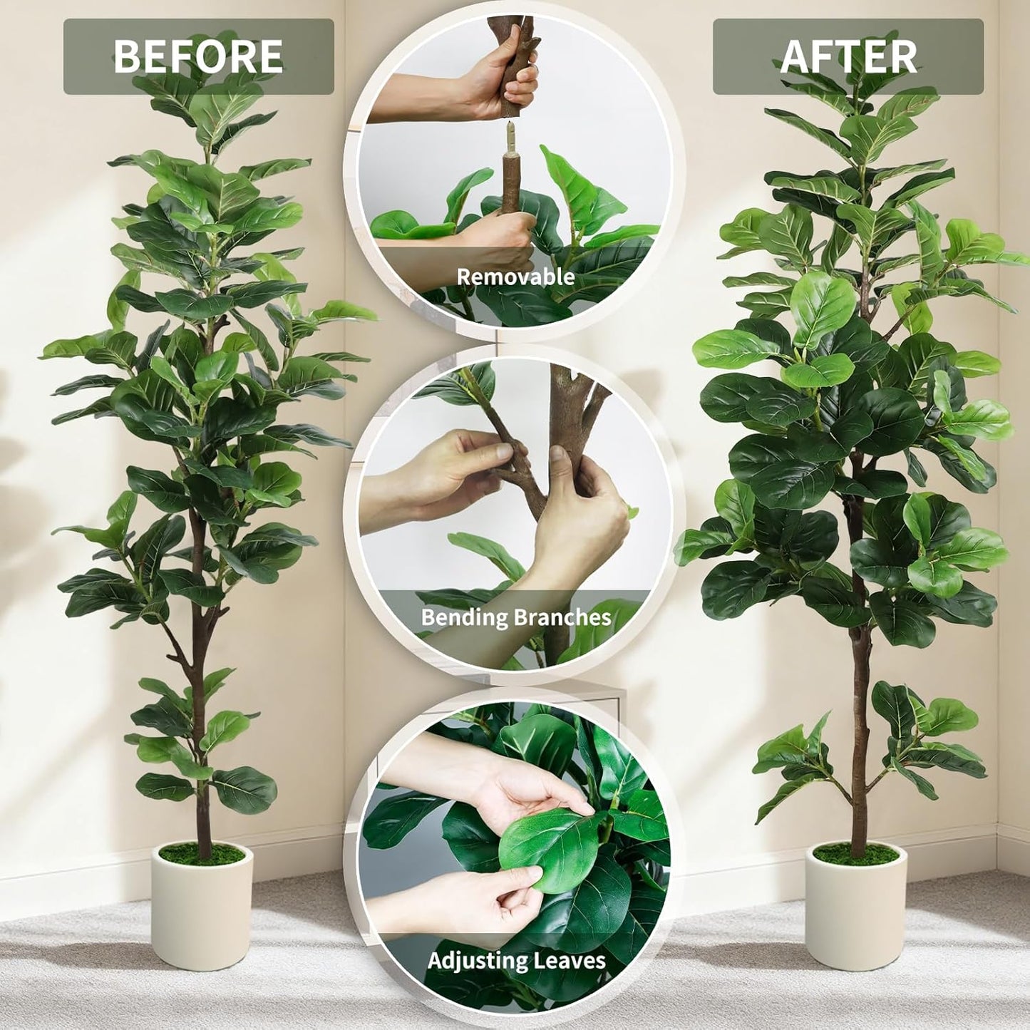 6FT Artificial Fiddle Leaf Fig Tree with White Planter & Fake Moss, Realistic Faux Ficus Lyrata Floor Plant for Indoor Home Office Decor, Housewarming Gift