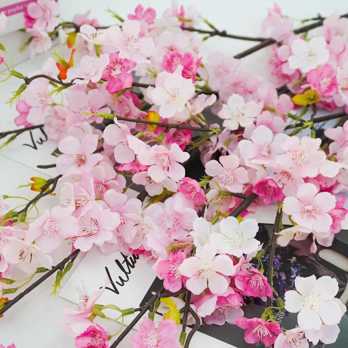 obbsie 24Pcs Artificial Cherry Blossom Flower, Faux Silk Peach Blossom Branches Fake Plum Blossom Flowers Stems Arrangements for DIY Home Wedding Table Centerpieces Vase Decor