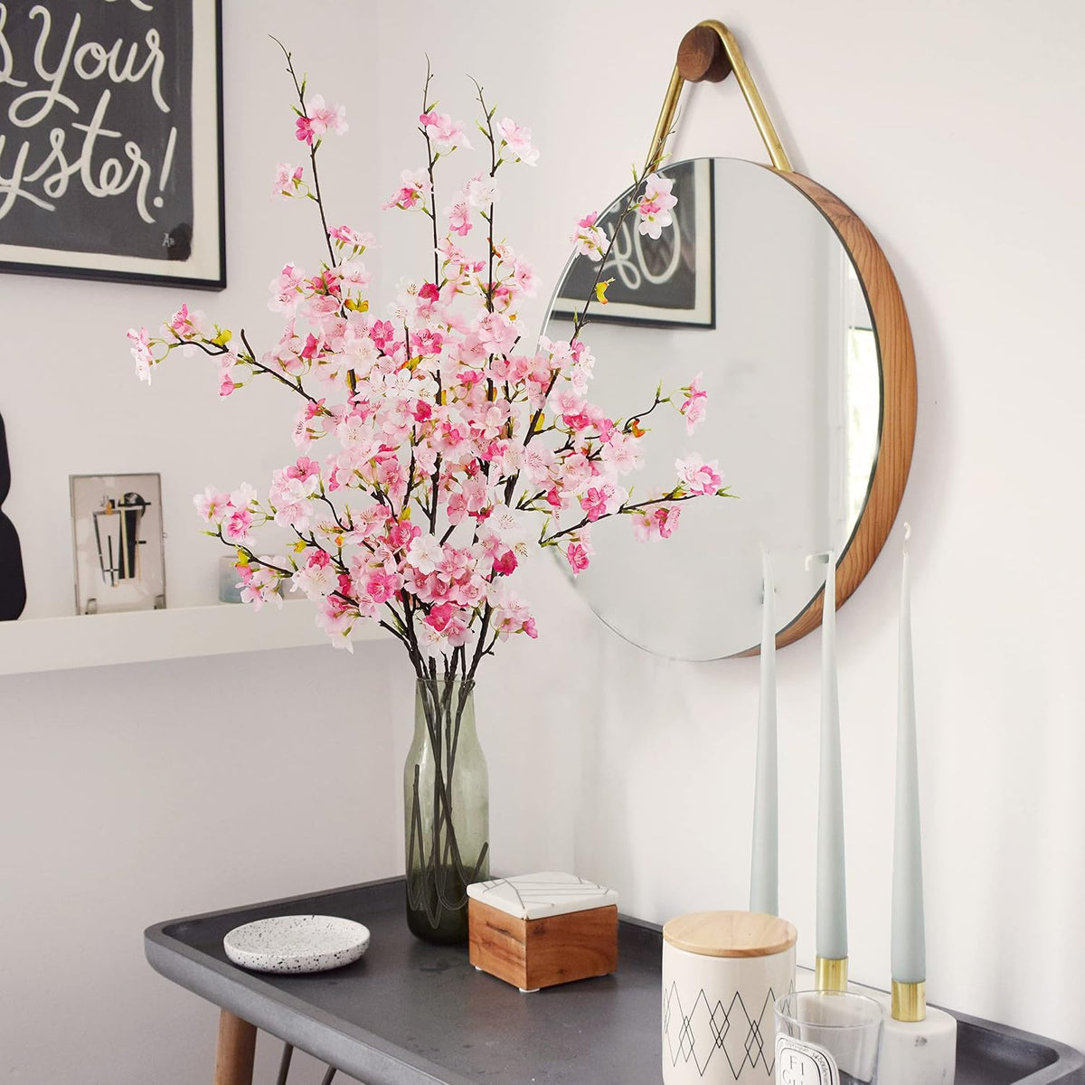 obbsie 24Pcs Artificial Cherry Blossom Flower, Faux Silk Peach Blossom Branches Fake Plum Blossom Flowers Stems Arrangements for DIY Home Wedding Table Centerpieces Vase Decor