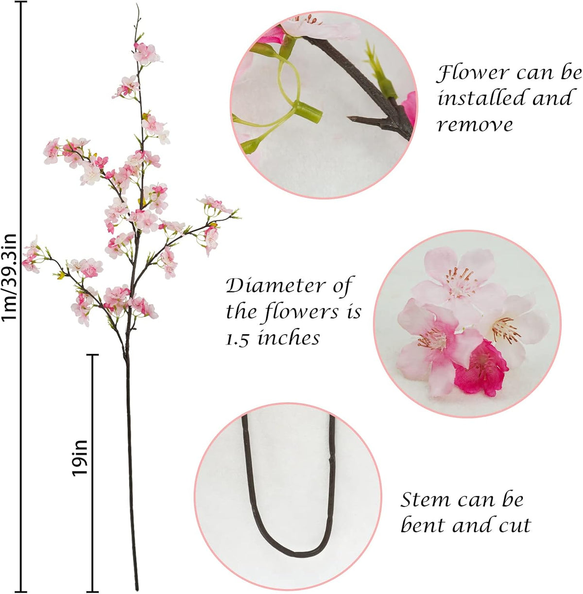 obbsie 24Pcs Artificial Cherry Blossom Flower, Faux Silk Peach Blossom Branches Fake Plum Blossom Flowers Stems Arrangements for DIY Home Wedding Table Centerpieces Vase Decor