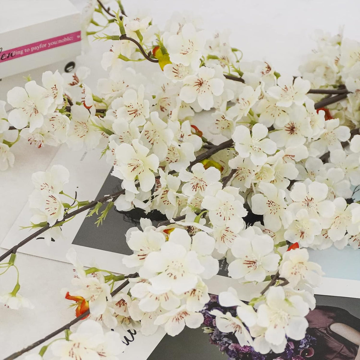 obbsie 24Pcs Artificial Cherry Blossom Flower, Faux Silk Peach Blossom Branches Fake Plum Blossom Flowers Stems Arrangements for DIY Home Wedding Table Centerpieces Vase Decor