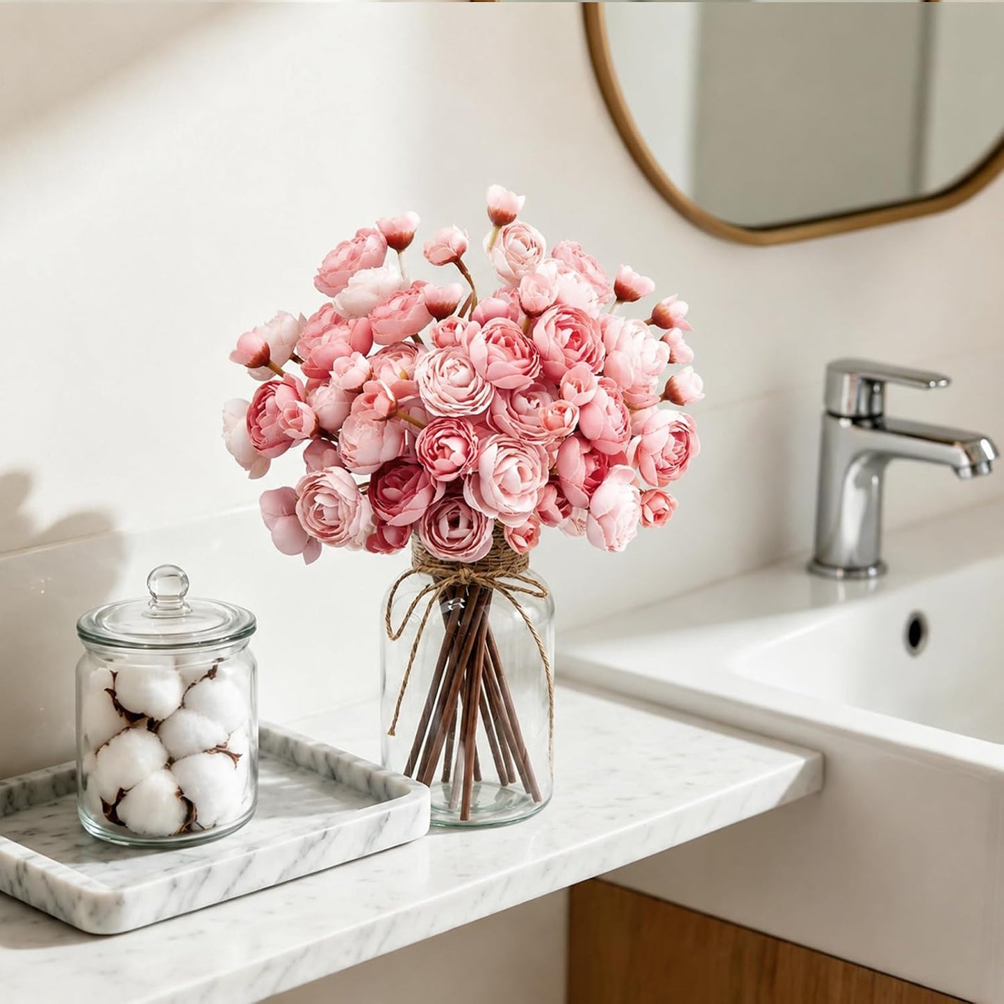 Ranunculus Artificial Flowers with Vase 18 Pcs Pink Peonies Bouquet | Pink Silk Flowers Arrangement Faux Ranunculus Real Look for Vase Table Centerpieces DIY Bridal Shower Home Decor