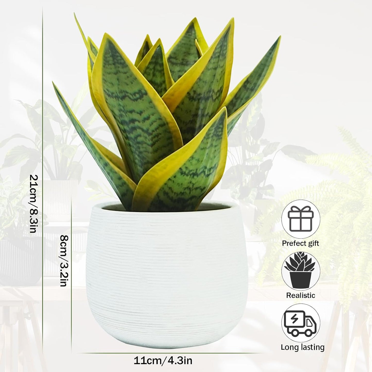 8" Fake Snake Plant& Faux Agave in White Ceramic Potot | | Pet-Friendly Low-Light Sansevieria Greenery, Real Touch Small Fake Plant for Home Office Desk, Bookshelf, Bathroom Decor