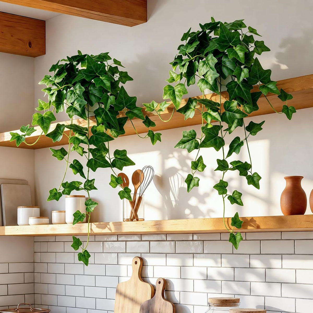 2 Pack Fake Hanging Plants with Pots, Artificial Ivy Vines Decor