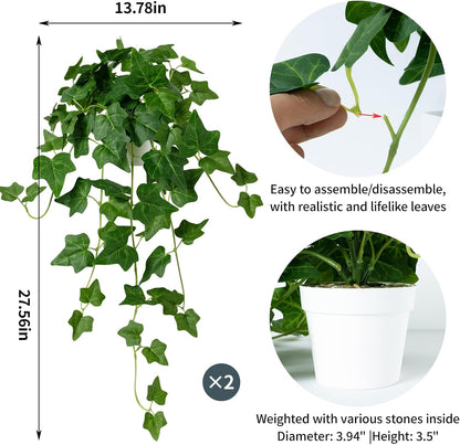 2 Pack Fake Hanging Plants with Pots, Artificial Ivy Vines Decor