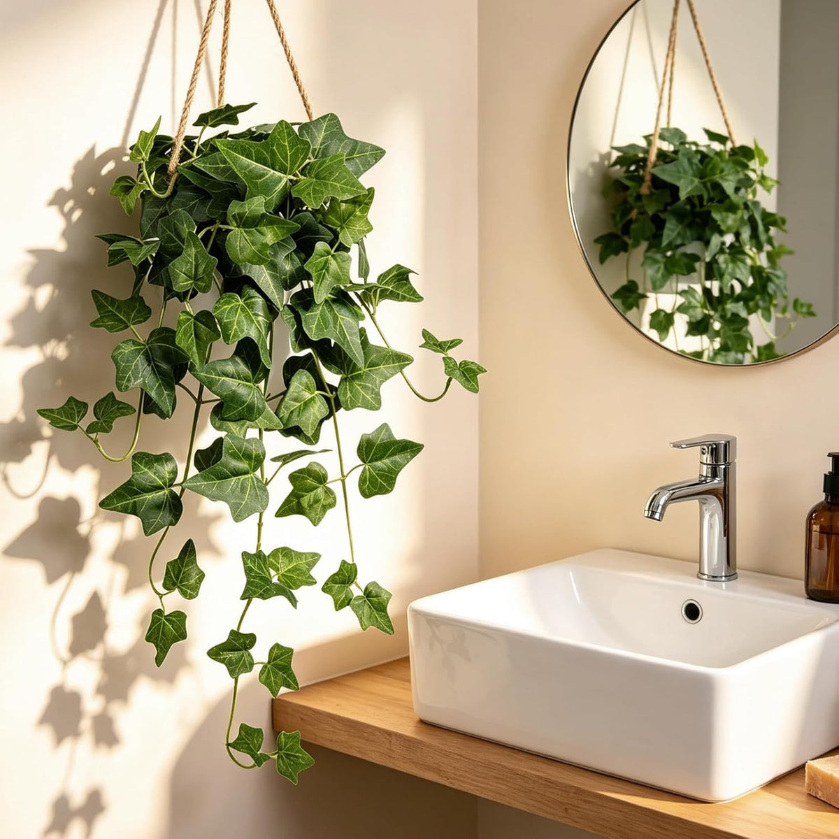 2 Pack Fake Hanging Plants with Pots, Artificial Ivy Vines Decor