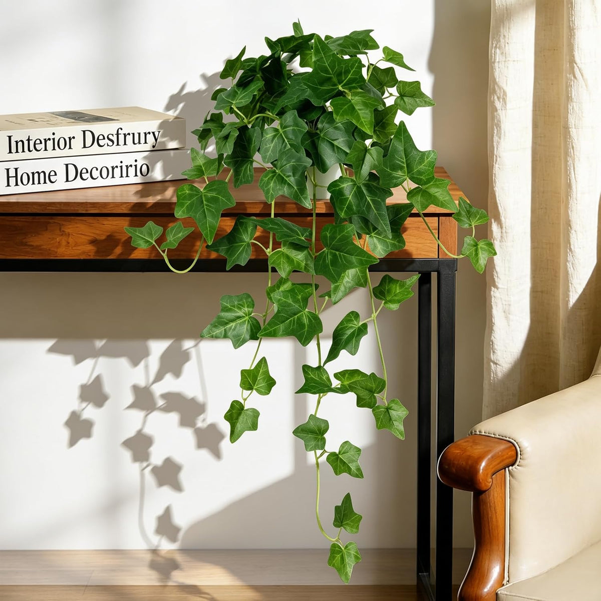 2 Pack Fake Hanging Plants with Pots, Artificial Ivy Vines Decor
