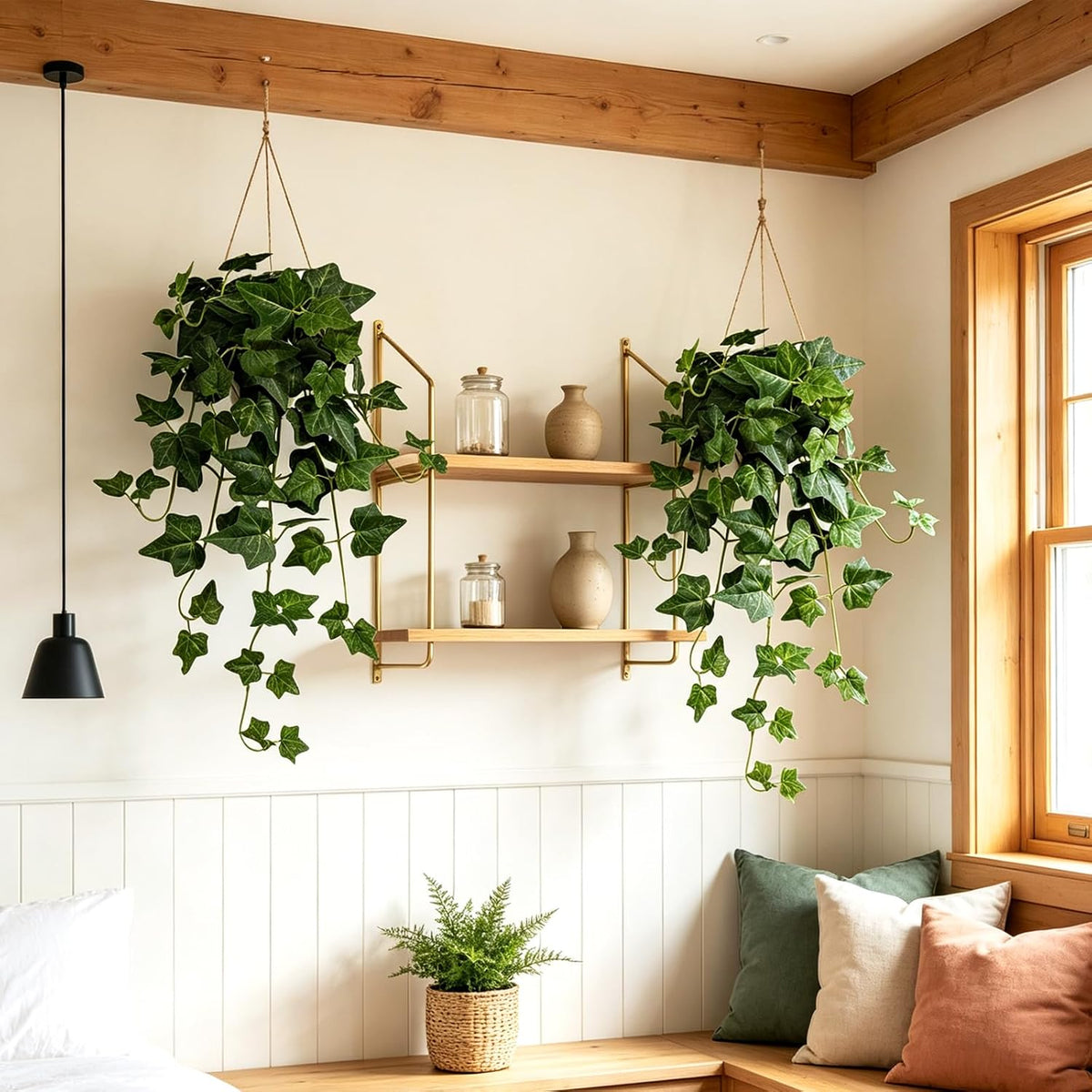 2 Pack Fake Hanging Plants with Pots, Artificial Ivy Vines Decor