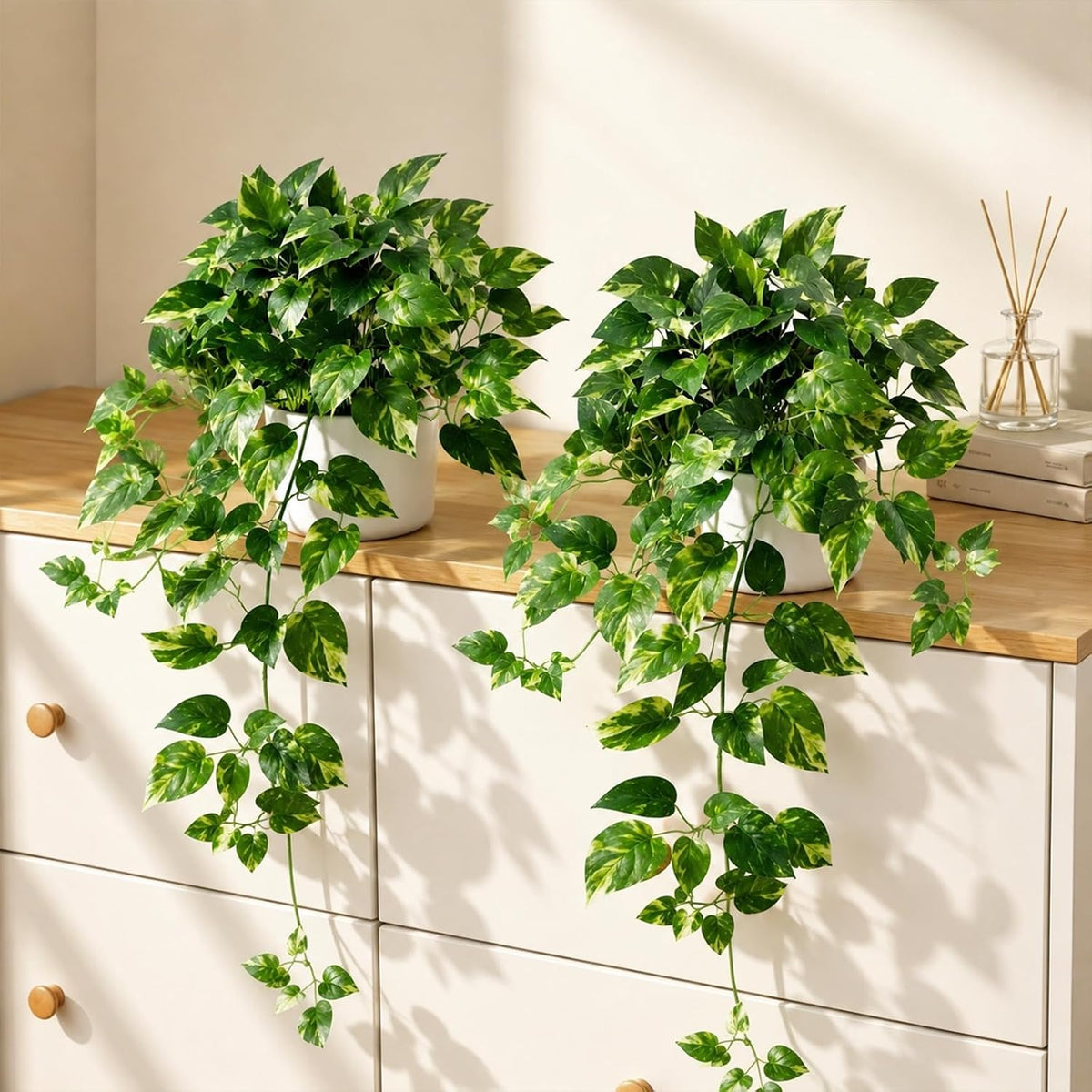 2 Pack Fake Hanging Plants with Pots, Artificial Ivy Vines Decor