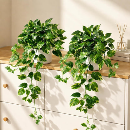 2 Pack Fake Hanging Plants with Pots, Artificial Ivy Vines Decor