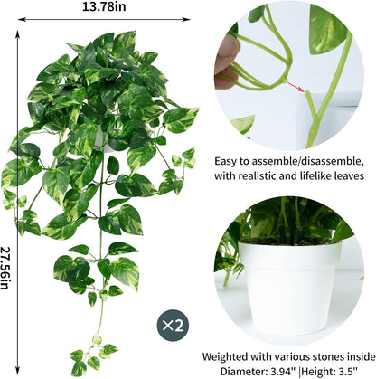 2 Pack Fake Hanging Plants with Pots, Artificial Ivy Vines Decor