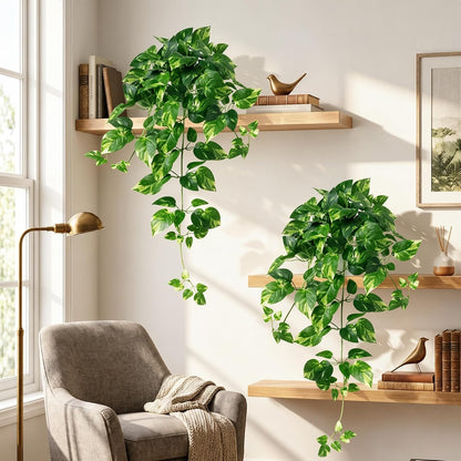 2 Pack Fake Hanging Plants with Pots, Artificial Ivy Vines Decor