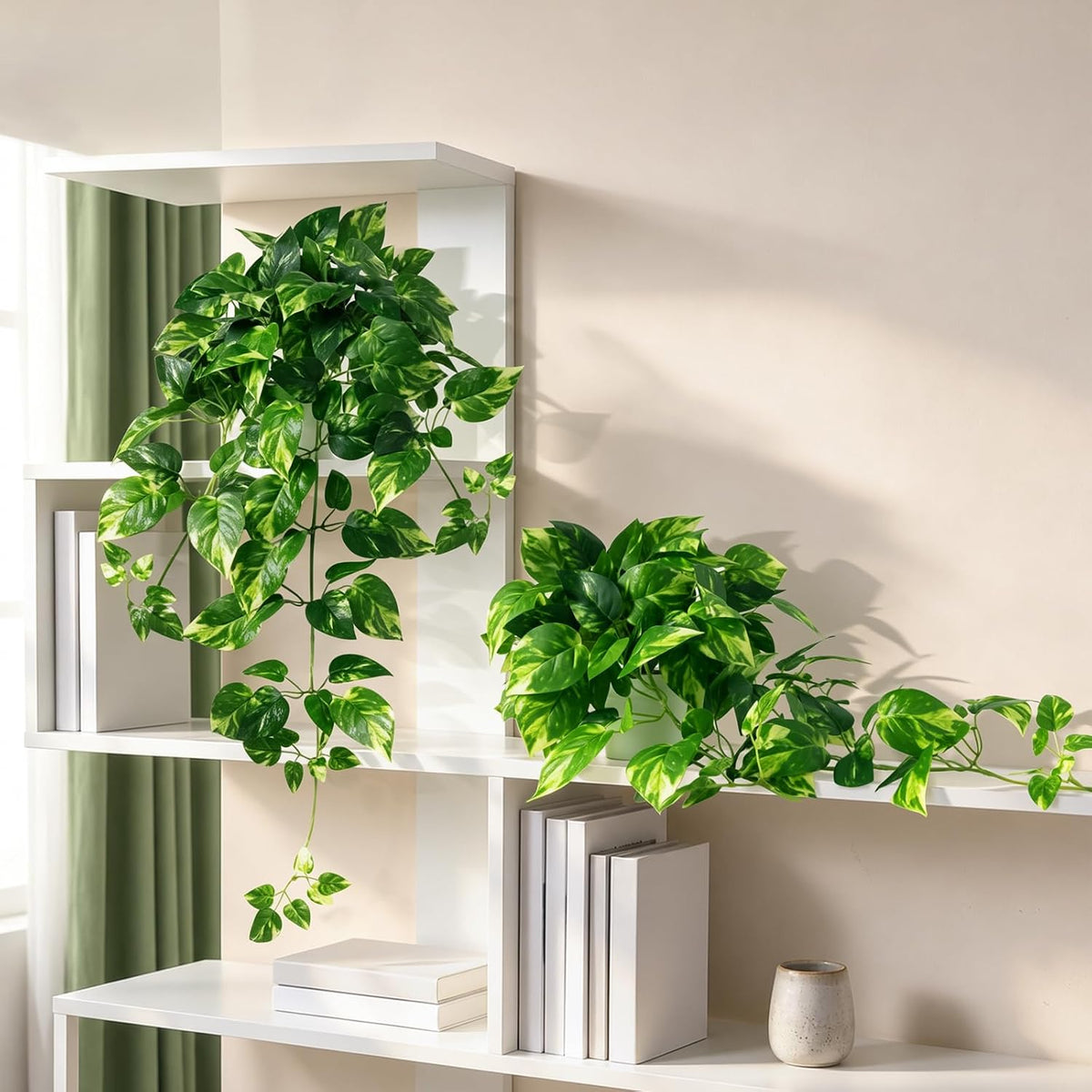 2 Pack Fake Hanging Plants with Pots, Artificial Ivy Vines Decor