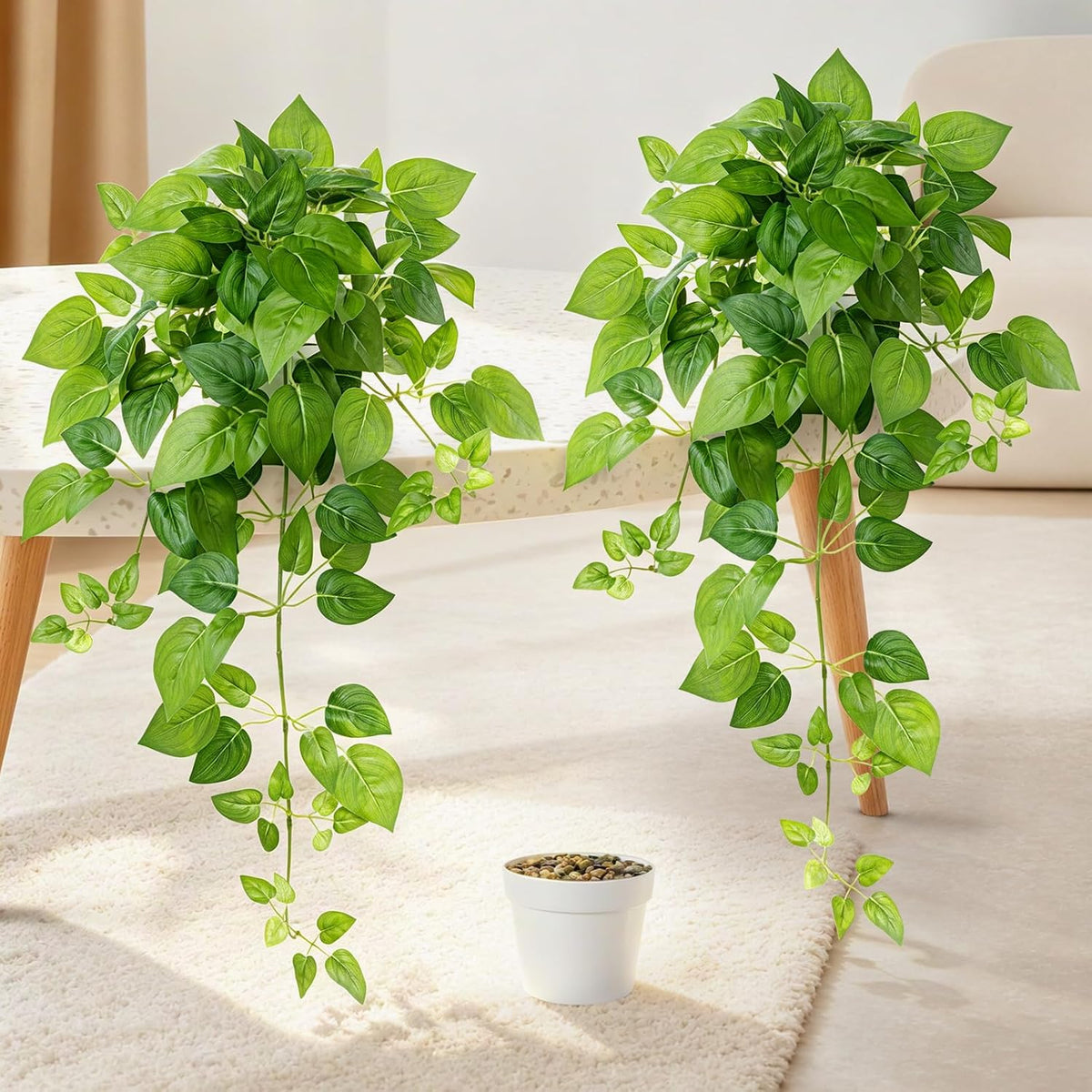 2 Pack Fake Hanging Plants with Pots, Artificial Ivy Vines Decor