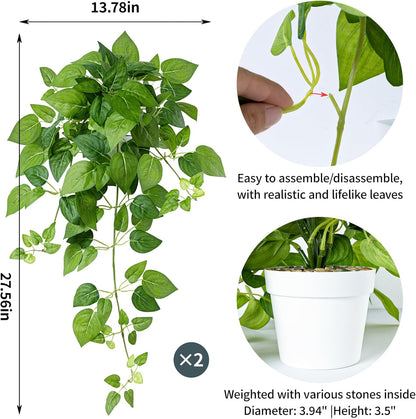 2 Pack Fake Hanging Plants with Pots, Artificial Ivy Vines Decor