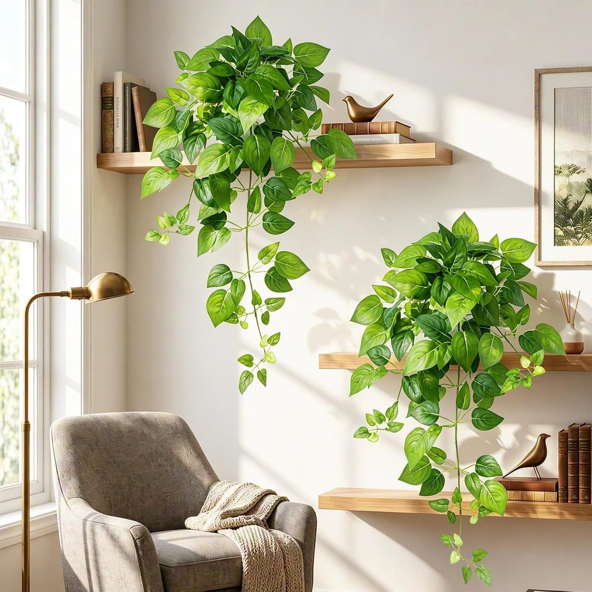2 Pack Fake Hanging Plants with Pots, Artificial Ivy Vines Decor