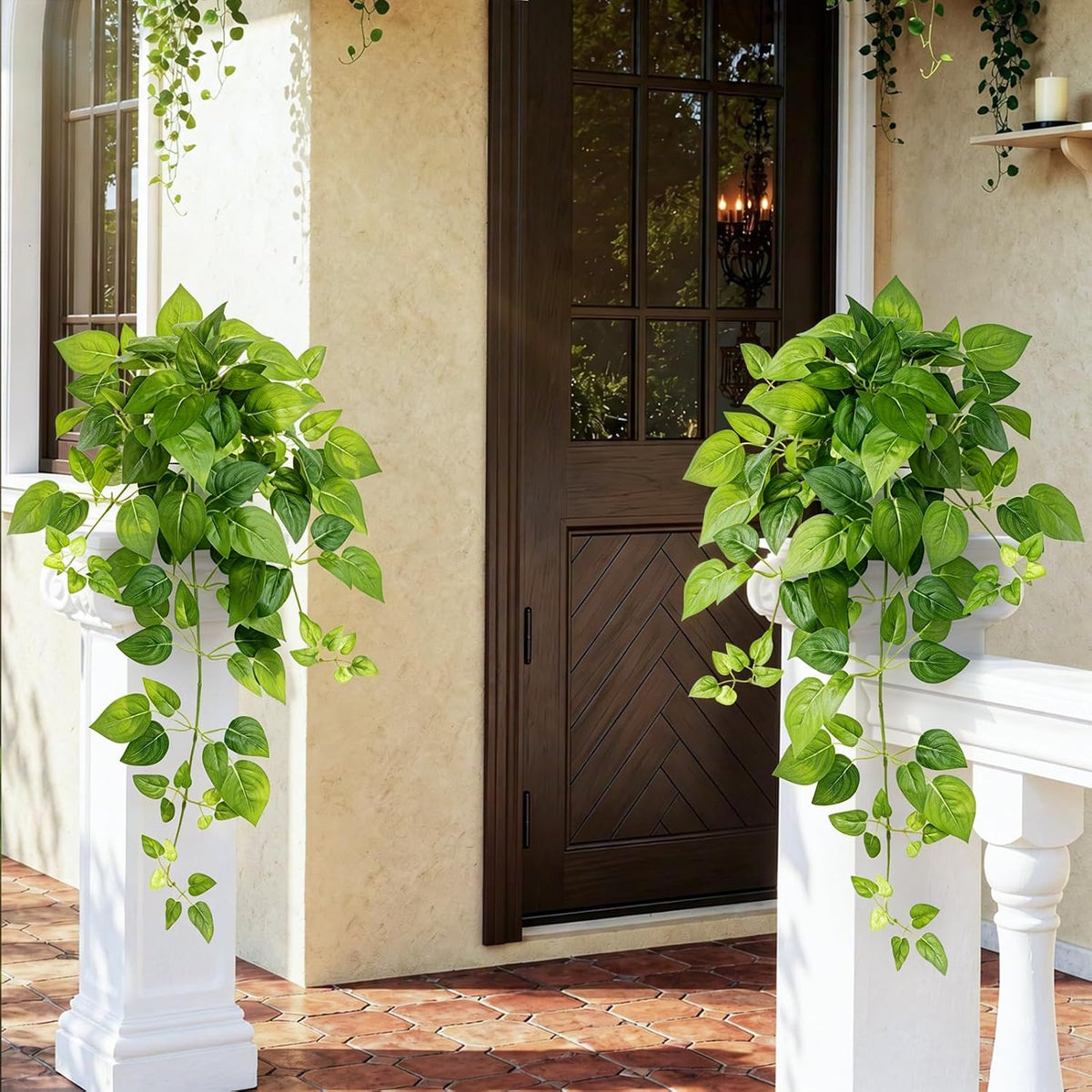 2 Pack Fake Hanging Plants with Pots, Artificial Ivy Vines Decor