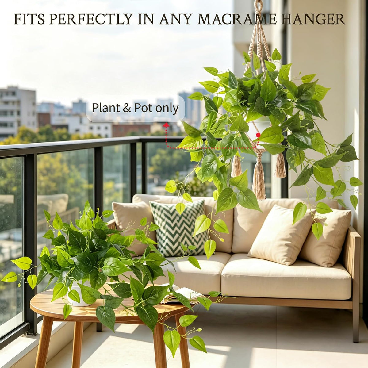 2 Pack Fake Hanging Plants with Pots, Artificial Ivy Vines Decor