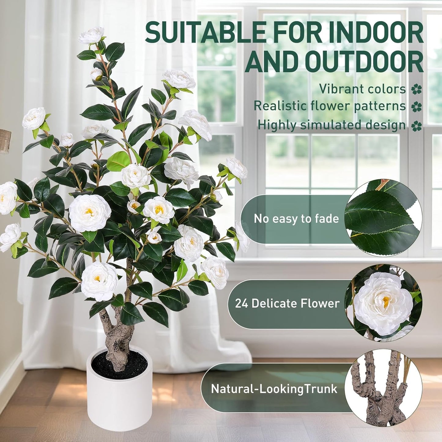 63 inch Artificial Camellia Tree with White Flower Pots -2 Pack White Fake Tree,5 Ft Faux Plants Indoor wich Blooming,Artificial Plants for Indoor & Outdoor Home Front Door Decor