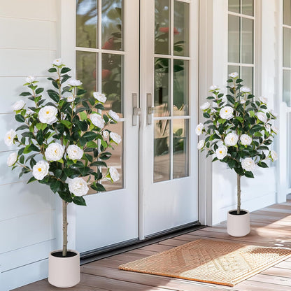 63 inch Artificial Camellia Tree with White Flower Pots -2 Pack White Fake Tree,5 Ft Faux Plants Indoor wich Blooming,Artificial Plants for Indoor & Outdoor Home Front Door Decor