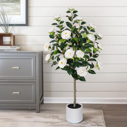63 inch Artificial Camellia Tree with White Flower Pots -2 Pack White Fake Tree,5 Ft Faux Plants Indoor wich Blooming,Artificial Plants for Indoor & Outdoor Home Front Door Decor