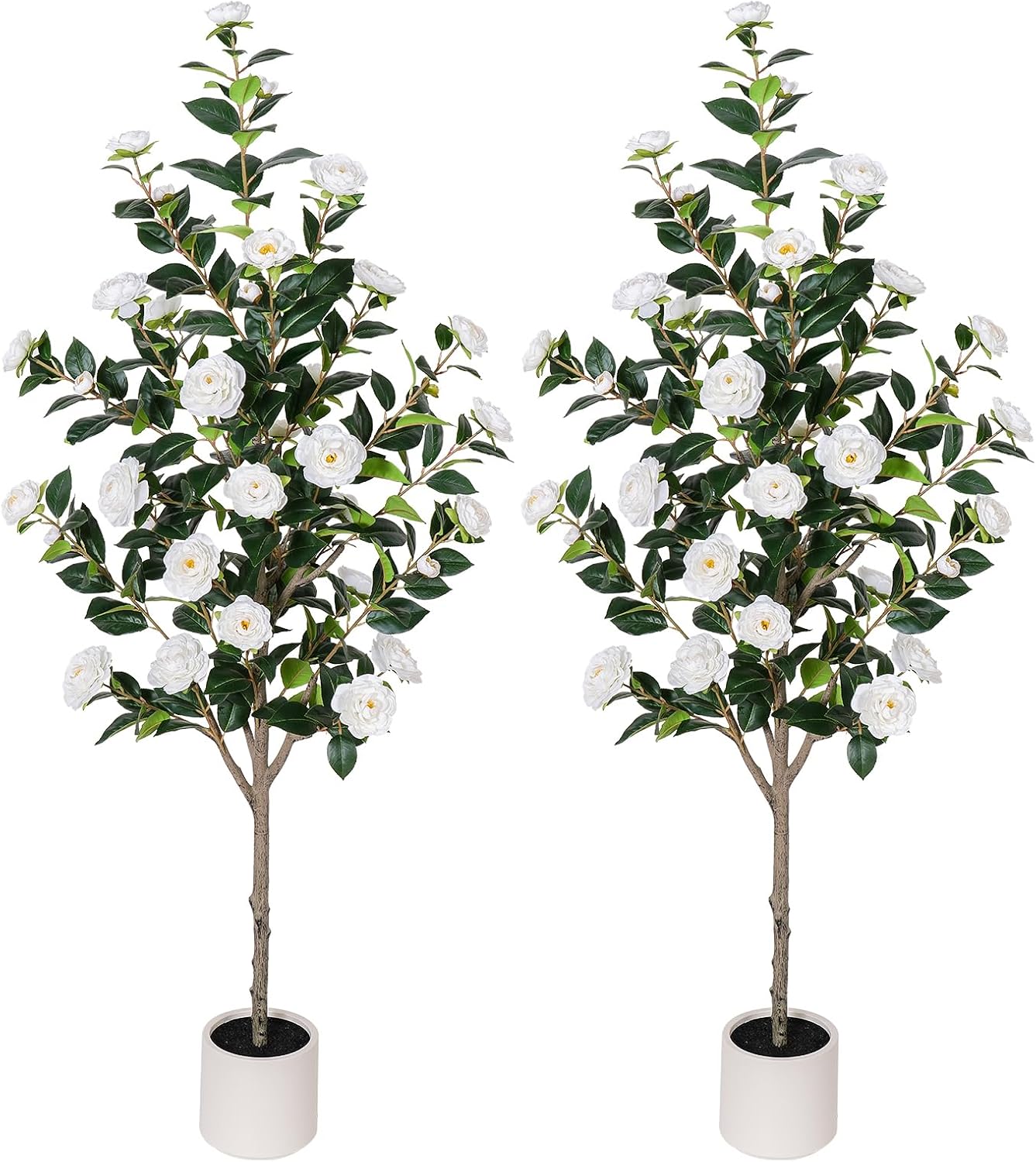 63 inch Artificial Camellia Tree with White Flower Pots -2 Pack White Fake Tree,5 Ft Faux Plants Indoor wich Blooming,Artificial Plants for Indoor & Outdoor Home Front Door Decor