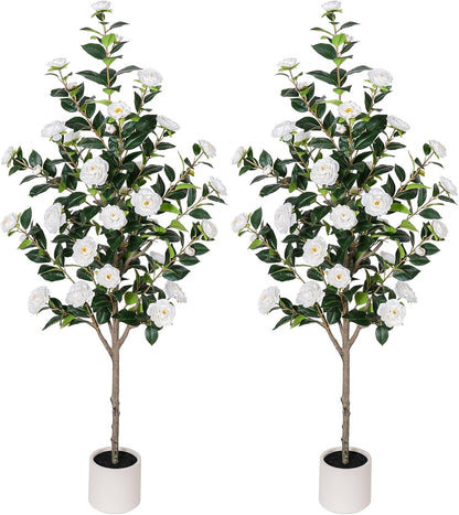 63 inch Artificial Camellia Tree with White Flower Pots -2 Pack White Fake Tree,5 Ft Faux Plants Indoor wich Blooming,Artificial Plants for Indoor & Outdoor Home Front Door Decor