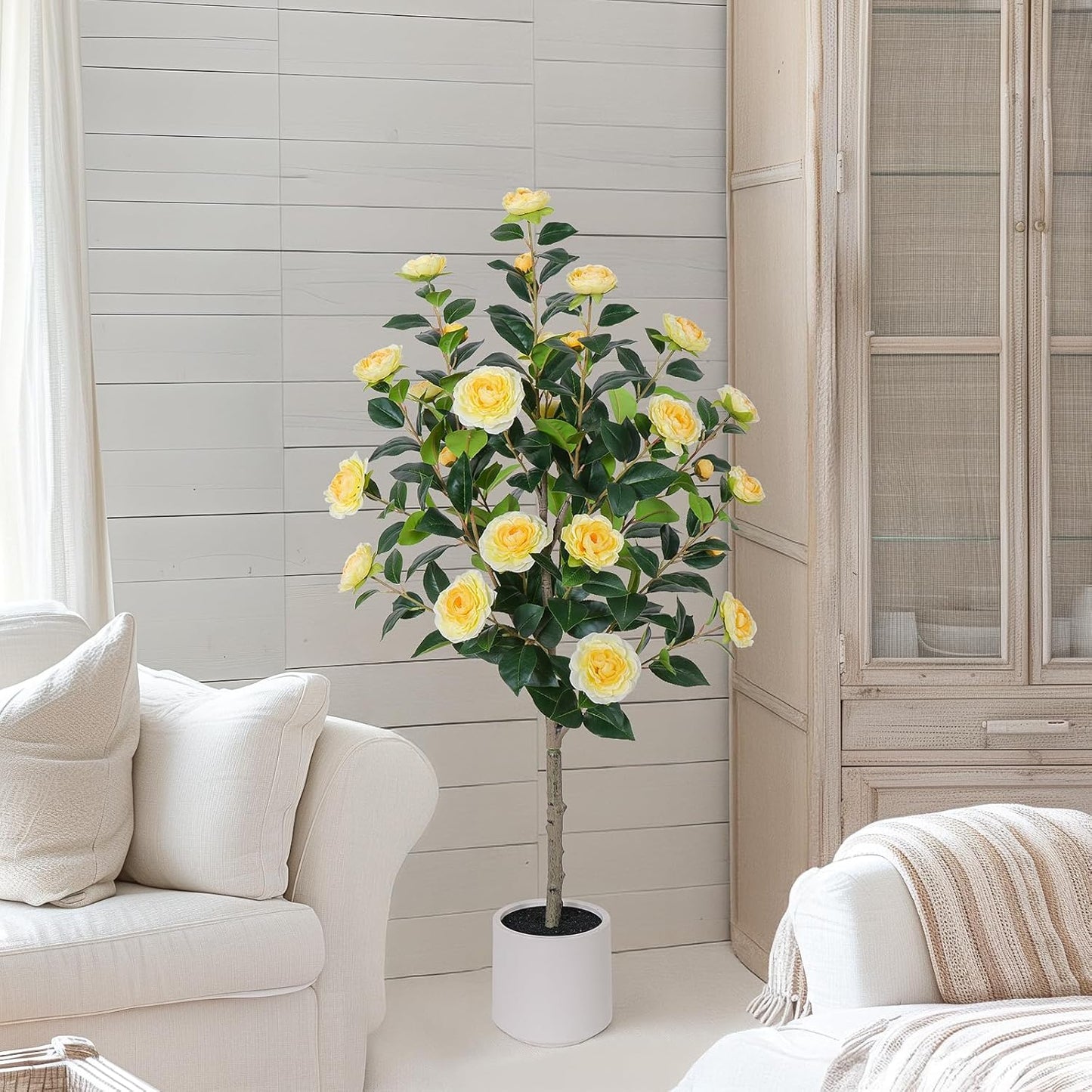 63 inch Artificial Camellia Tree with White Flower Pots -2 Pack White Fake Tree,5 Ft Faux Plants Indoor wich Blooming,Artificial Plants for Indoor & Outdoor Home Front Door Decor