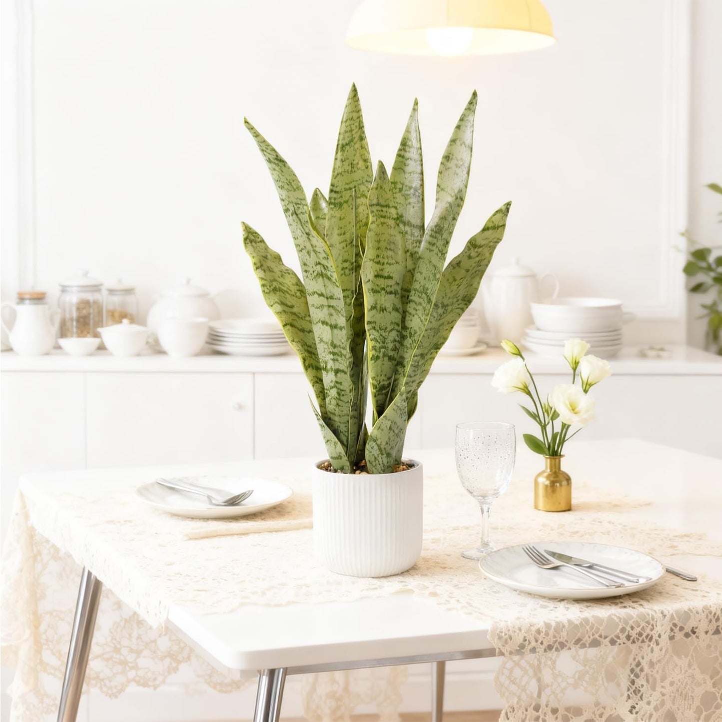 Artificial Realistic Snake Plant 21.5" with White Pot | Fake Sansevieria Greenery Plants Faux Snake Plant for Home Office Living Room Housewarming Gifts Indoor Decor-LightYellow