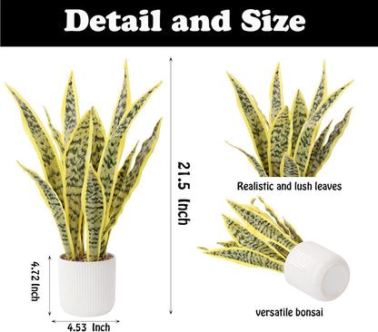 Artificial Realistic Snake Plant 21.5" with White Pot | Fake Sansevieria Greenery Plants Faux Snake Plant for Home Office Living Room Housewarming Gifts Indoor Decor-LightYellow