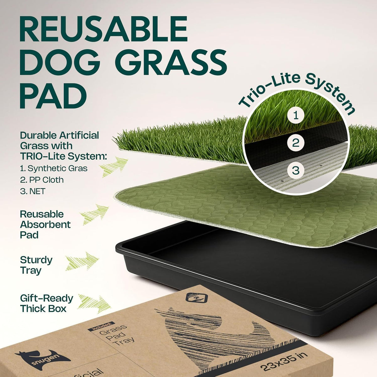Dog Grass Pad with Tray 23”x35” – Soft-Touch Artificial Grass Pad for Dogs Potty with Pee Pads Washable & Puppy Porch Potty Tray – Dog Litter Box Indoor & Outdoor, Pet Turf for Puppy Toilet Training