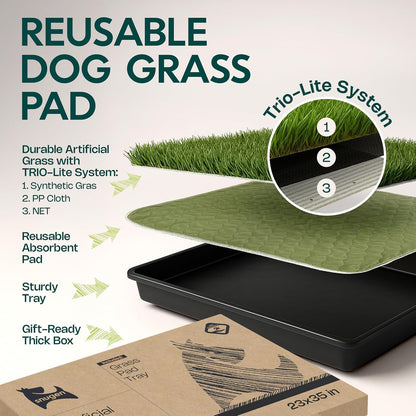 Dog Grass Pad with Tray 23”x35” – Soft-Touch Artificial Grass Pad for Dogs Potty with Pee Pads Washable & Puppy Porch Potty Tray – Dog Litter Box Indoor & Outdoor, Pet Turf for Puppy Toilet Training