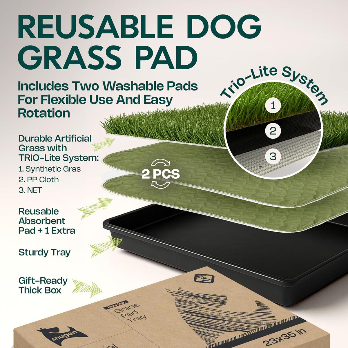 Dog Grass Pad with Tray 23”x35” – Soft-Touch Artificial Grass Pad for Dogs Potty with Pee Pads Washable & Puppy Porch Potty Tray – Dog Litter Box Indoor & Outdoor, Pet Turf for Puppy Toilet Training