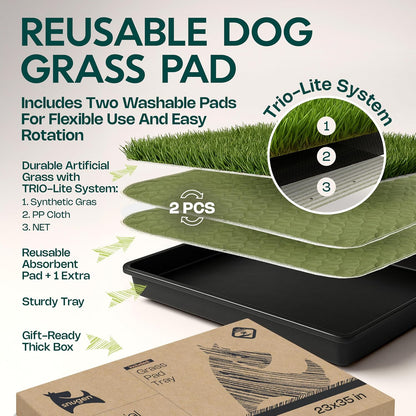 Dog Grass Pad with Tray 23”x35” – Soft-Touch Artificial Grass Pad for Dogs Potty with Pee Pads Washable & Puppy Porch Potty Tray – Dog Litter Box Indoor & Outdoor, Pet Turf for Puppy Toilet Training