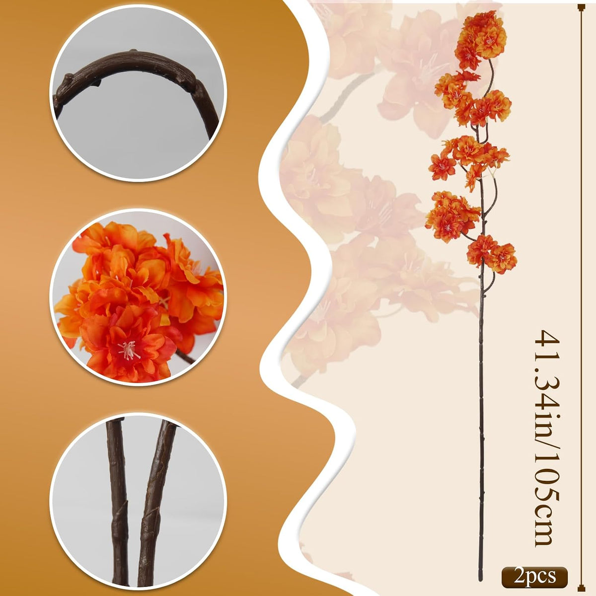 2 Pcs Artificial Cherry Blossom Flowers Branches 41" Faux Cherry Blossom Long Stem Orange Silk Cherry Blossom Tree Tall Fake Flower Arrangement for Home Wedding Centerpieces Fall Indoor Decor