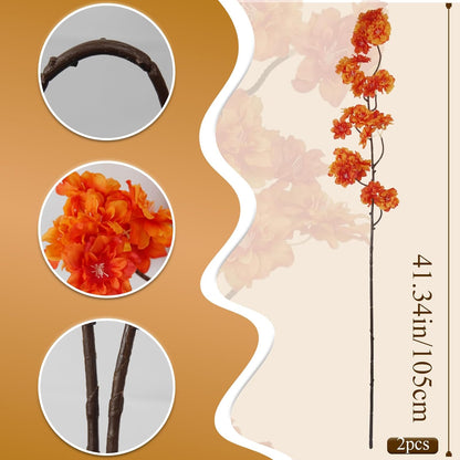 2 Pcs Artificial Cherry Blossom Flowers Branches 41" Faux Cherry Blossom Long Stem Orange Silk Cherry Blossom Tree Tall Fake Flower Arrangement for Home Wedding Centerpieces Fall Indoor Decor