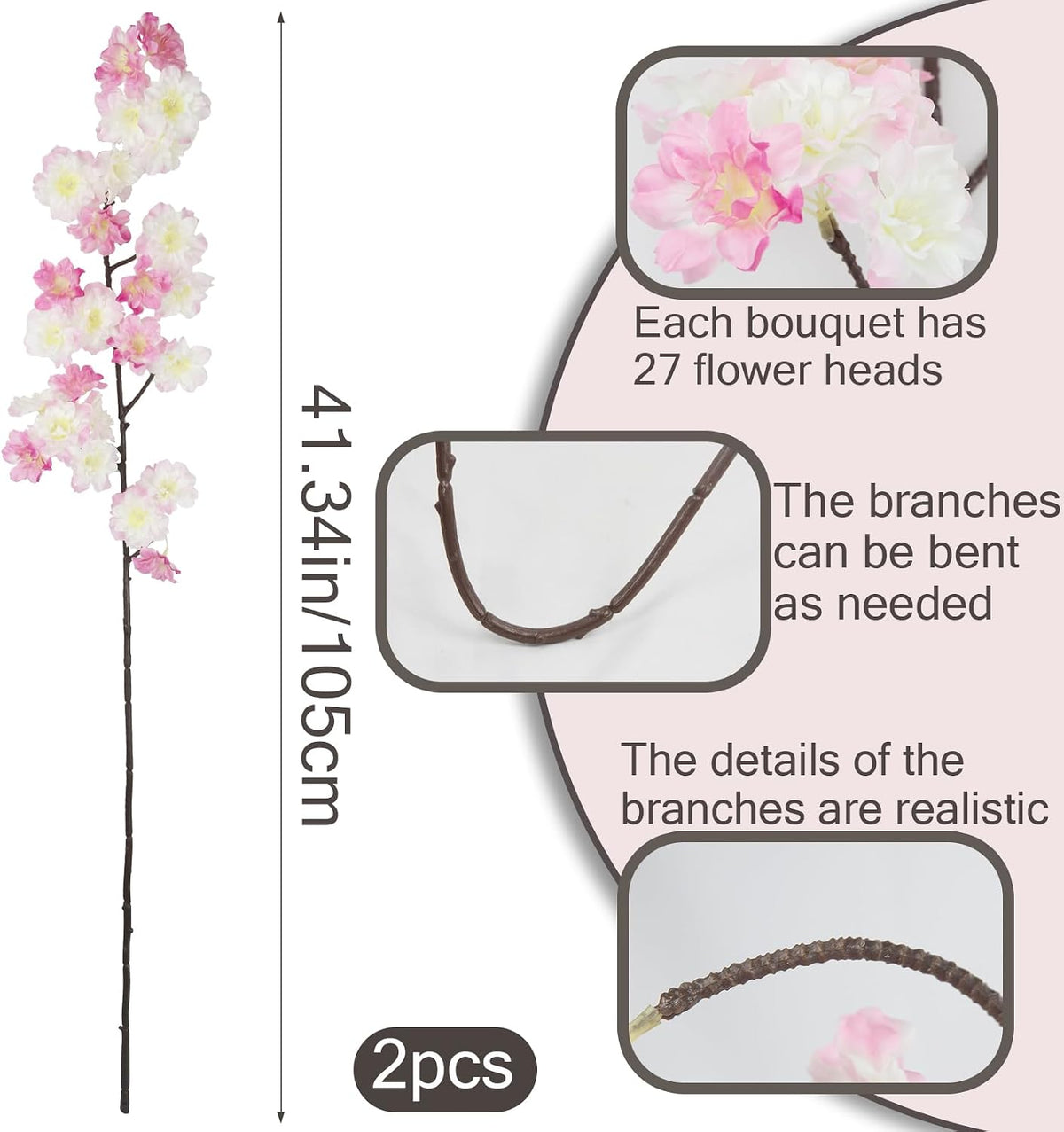 2 Pcs Artificial Cherry Blossom Flowers Branches 41" Faux Cherry Blossom Long Stem Orange Silk Cherry Blossom Tree Tall Fake Flower Arrangement for Home Wedding Centerpieces Fall Indoor Decor