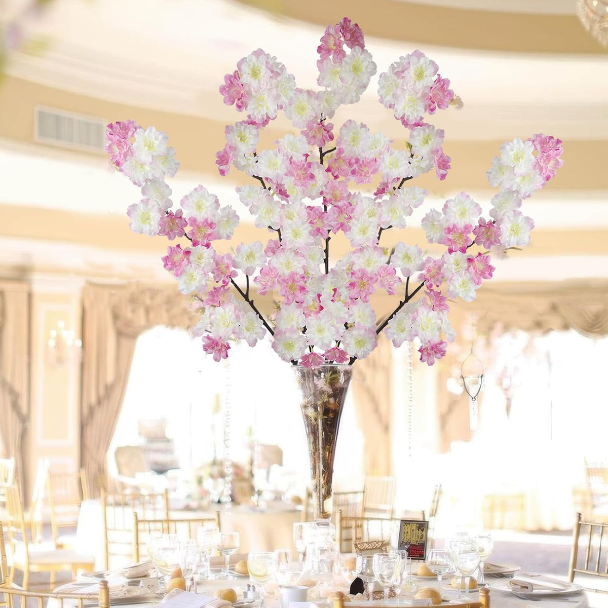 2 Pcs Artificial Cherry Blossom Flowers Branches 41" Faux Cherry Blossom Long Stem Orange Silk Cherry Blossom Tree Tall Fake Flower Arrangement for Home Wedding Centerpieces Fall Indoor Decor