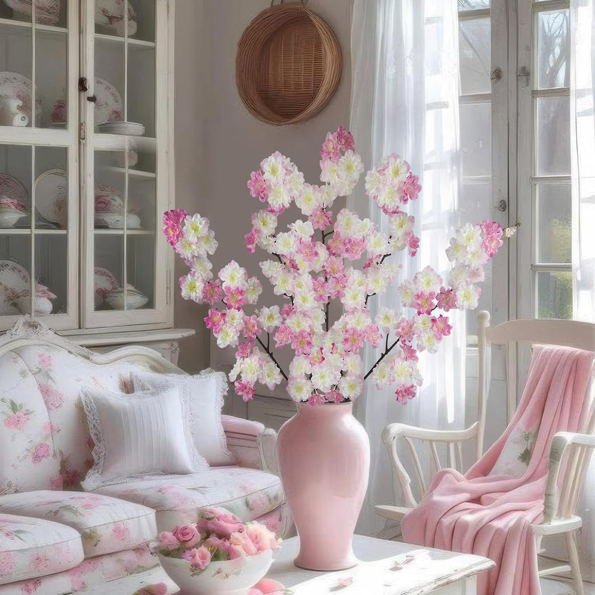 2 Pcs Artificial Cherry Blossom Flowers Branches 41" Faux Cherry Blossom Long Stem Orange Silk Cherry Blossom Tree Tall Fake Flower Arrangement for Home Wedding Centerpieces Fall Indoor Decor