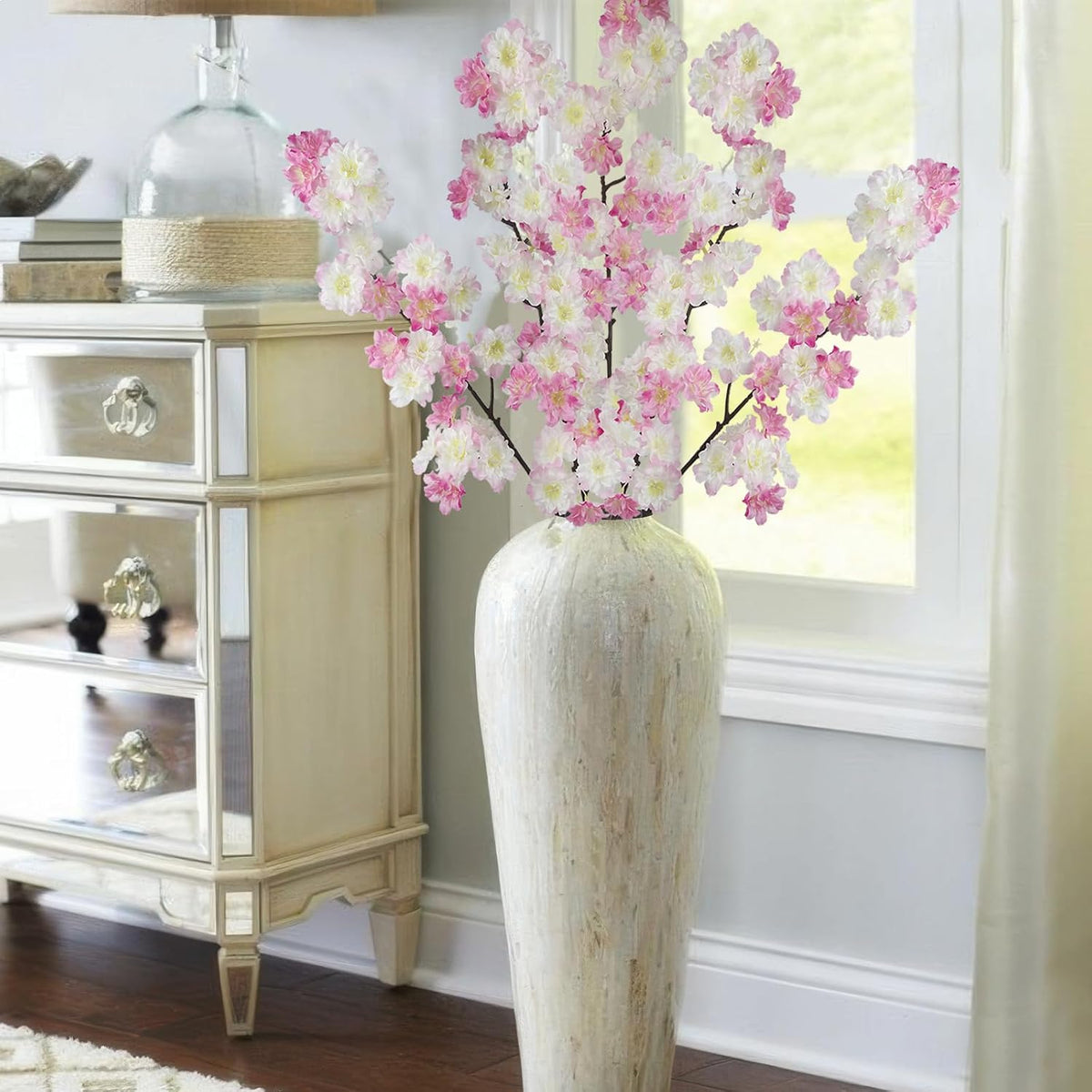 2 Pcs Artificial Cherry Blossom Flowers Branches 41" Faux Cherry Blossom Long Stem Orange Silk Cherry Blossom Tree Tall Fake Flower Arrangement for Home Wedding Centerpieces Fall Indoor Decor