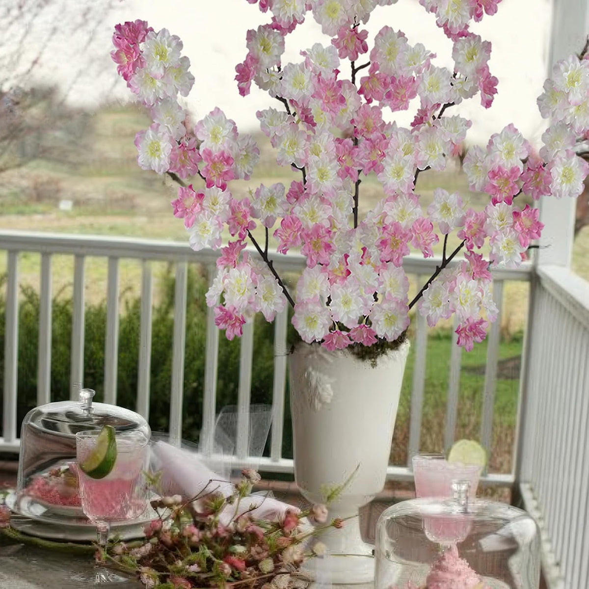 2 Pcs Artificial Cherry Blossom Flowers Branches 41" Faux Cherry Blossom Long Stem Orange Silk Cherry Blossom Tree Tall Fake Flower Arrangement for Home Wedding Centerpieces Fall Indoor Decor