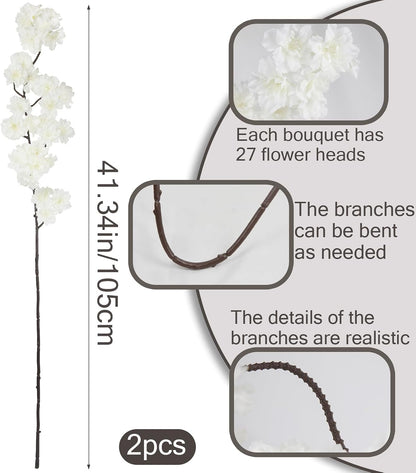 2 Pcs Artificial Cherry Blossom Flowers Branches 41" Faux Cherry Blossom Long Stem Orange Silk Cherry Blossom Tree Tall Fake Flower Arrangement for Home Wedding Centerpieces Fall Indoor Decor