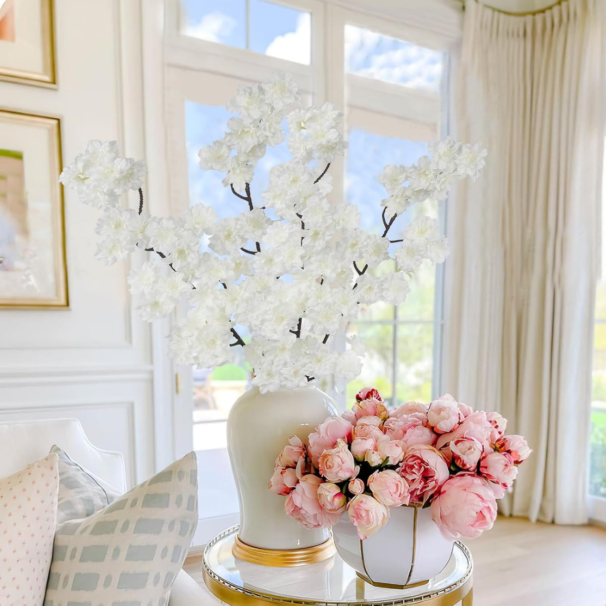 2 Pcs Artificial Cherry Blossom Flowers Branches 41" Faux Cherry Blossom Long Stem Orange Silk Cherry Blossom Tree Tall Fake Flower Arrangement for Home Wedding Centerpieces Fall Indoor Decor
