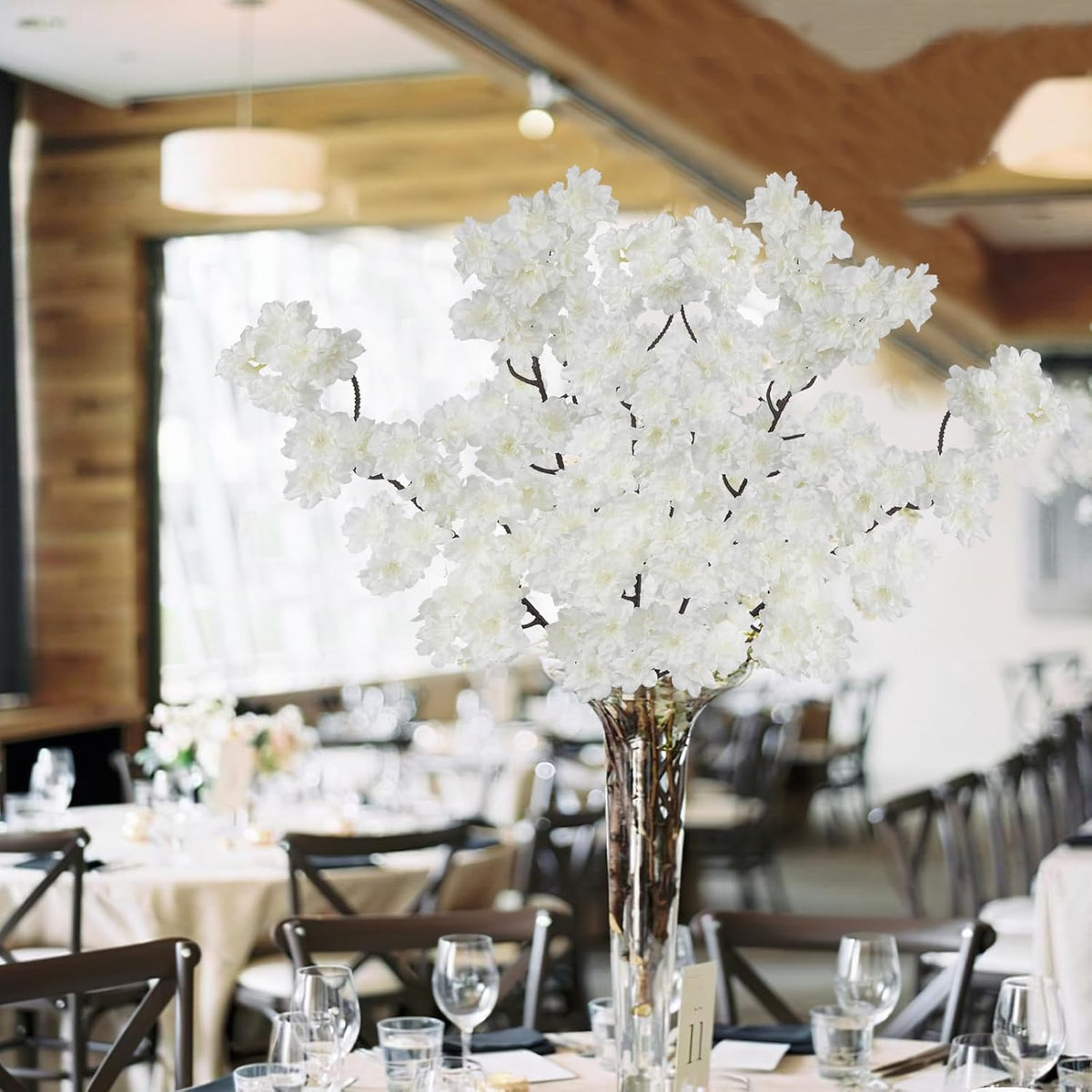2 Pcs Artificial Cherry Blossom Flowers Branches 41" Faux Cherry Blossom Long Stem Orange Silk Cherry Blossom Tree Tall Fake Flower Arrangement for Home Wedding Centerpieces Fall Indoor Decor