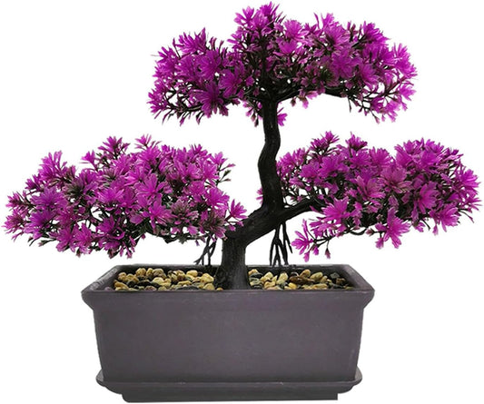 8.66" Artificial Bonsai Tree with Textured Trunk, Broad Canopy and Pebble Base for Bathroom Desk Shelf, Japanese and Zen Decor(Rose Red)
