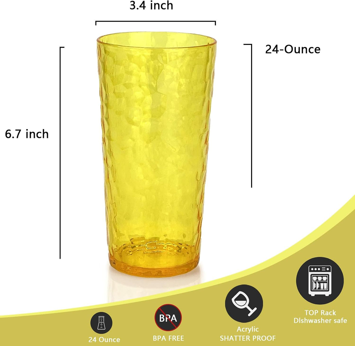 24-Ounce Plastic Tumbler Acrylic Drinking Glasses, Reusable Plastic Cups, Stackable, BPA-Free, Shatter Proof, Dishwasher Safe, Set of 8 (Yellow)