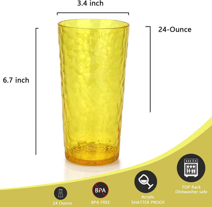 24-Ounce Plastic Tumbler Acrylic Drinking Glasses, Reusable Plastic Cups, Stackable, BPA-Free, Shatter Proof, Dishwasher Safe, Set of 8 (Yellow)